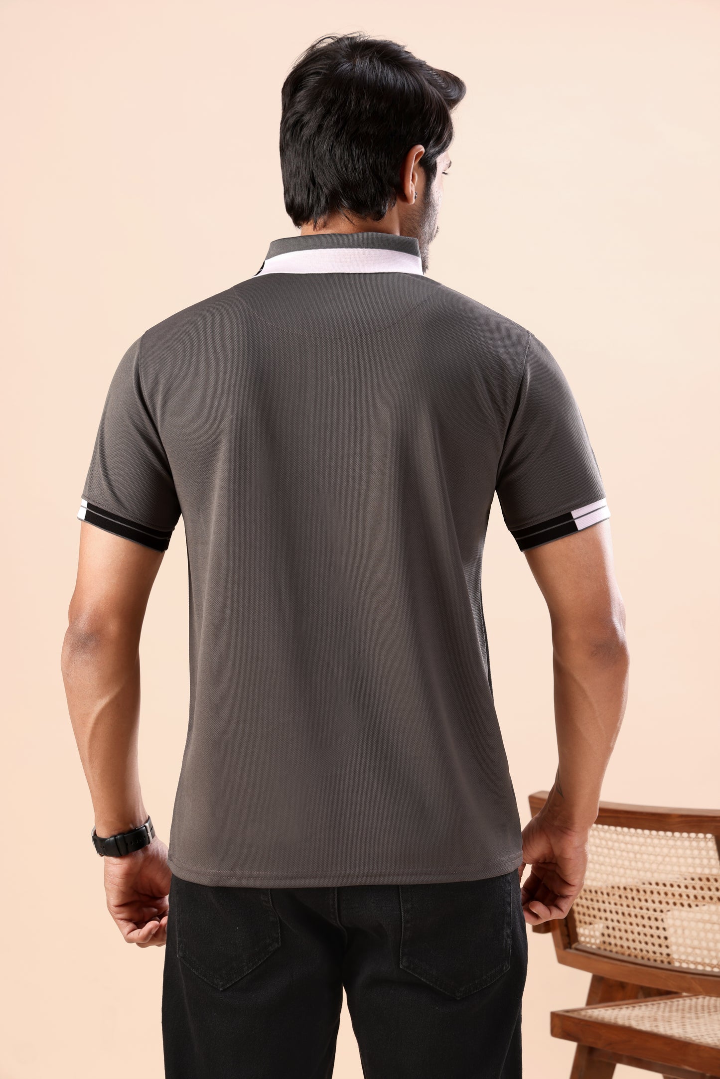 Evenway Men's Grey Textured Polo with Printed Collar