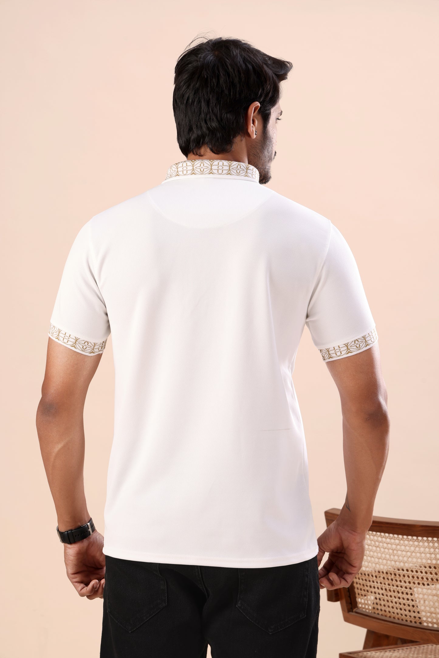 Evenway Men's Premium White Polo with Designer Printed Collar