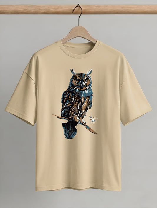 Evenway Premium Artistic Owl Graphic Oversized Cotton Tee