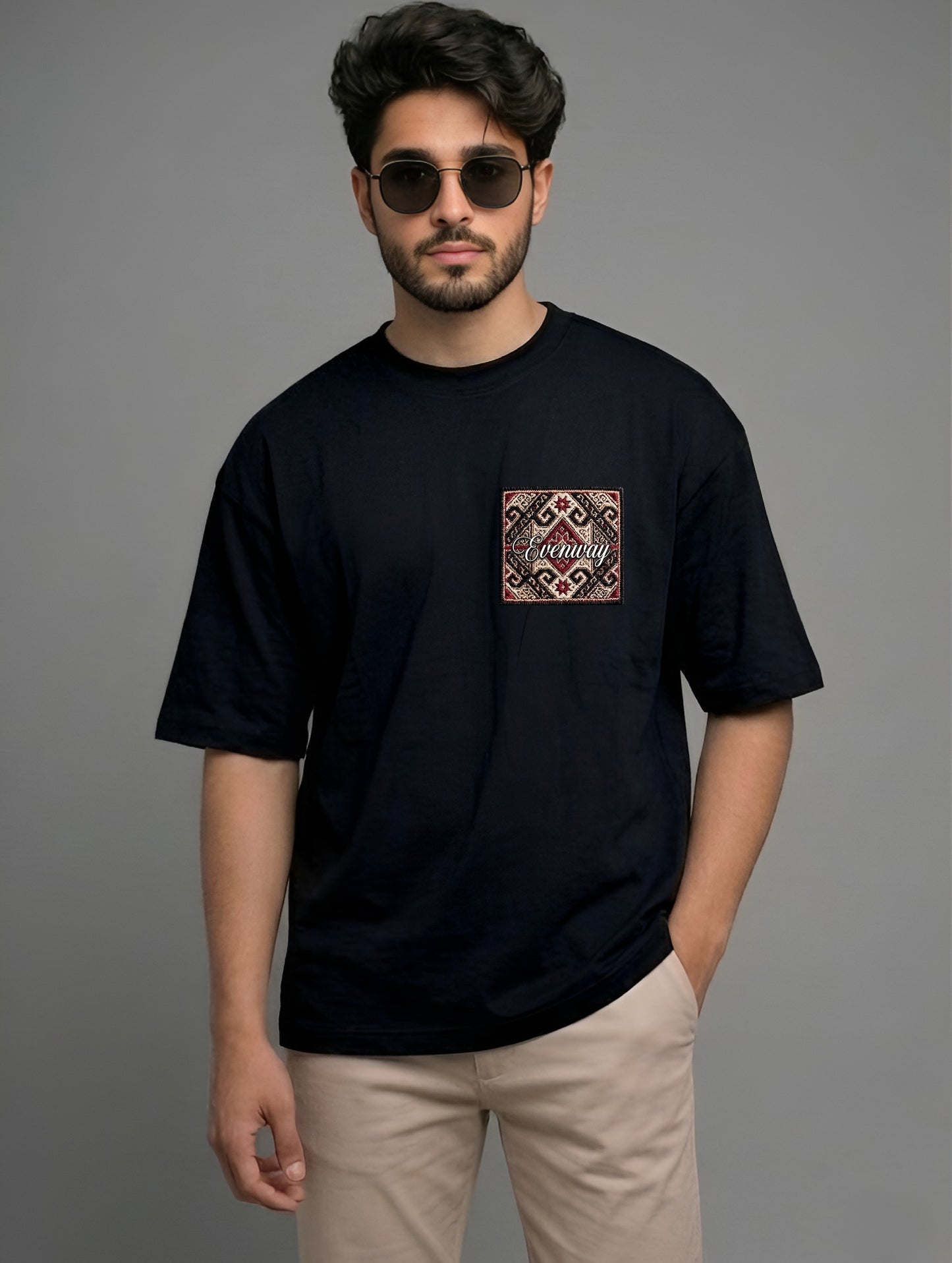 Evenway Anatolian Rug Beige Oversized Cultural Graphic Shirt