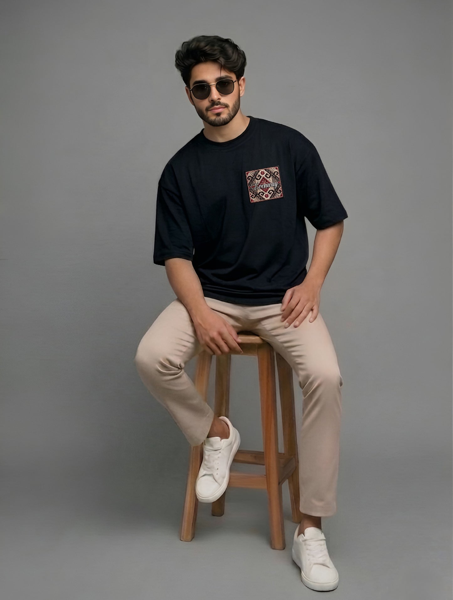 Evenway Anatolian Rug Beige Oversized Cultural Graphic Shirt