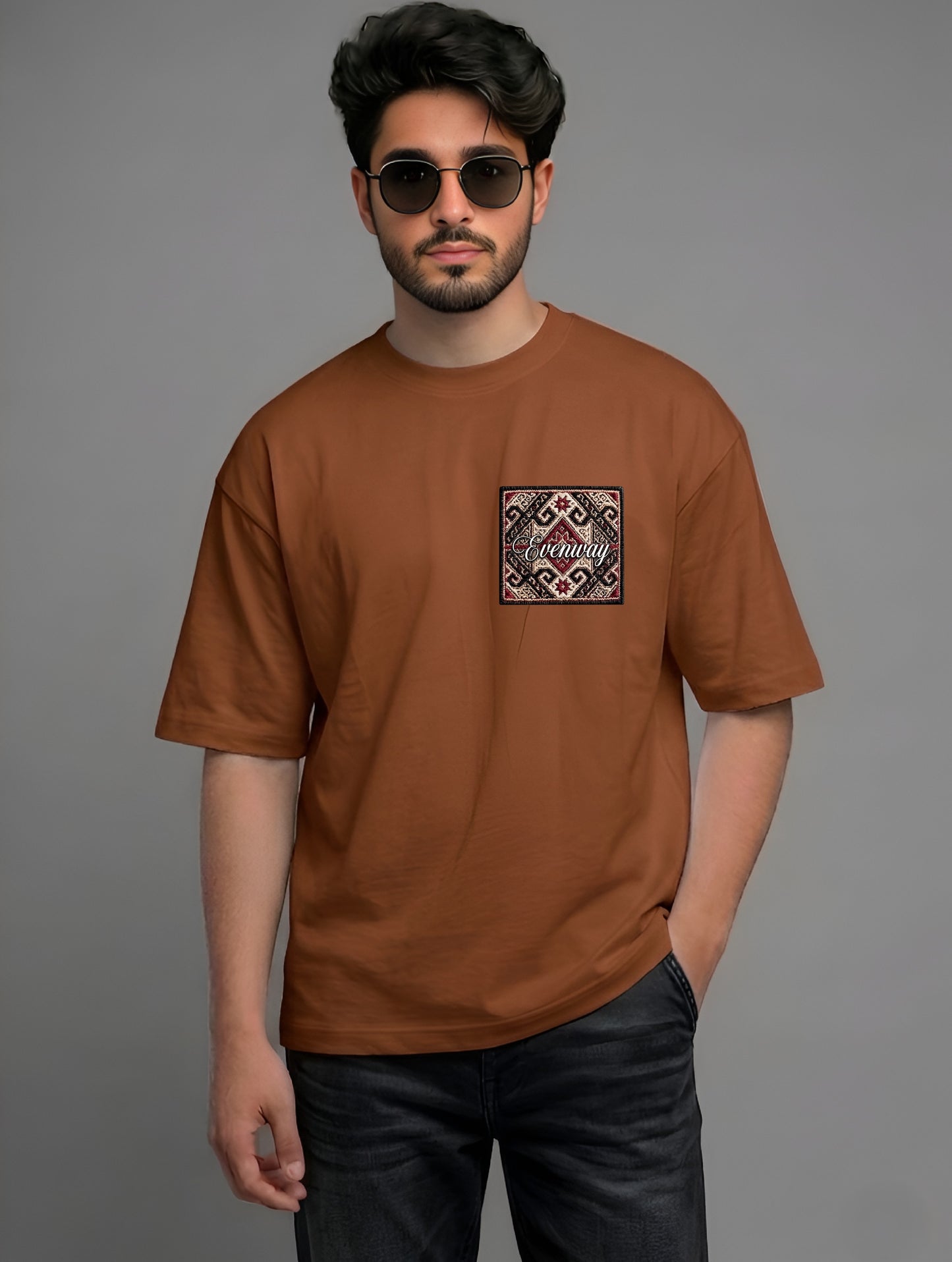 Evenway Anatolian Rug Beige Oversized Cultural Graphic Shirt
