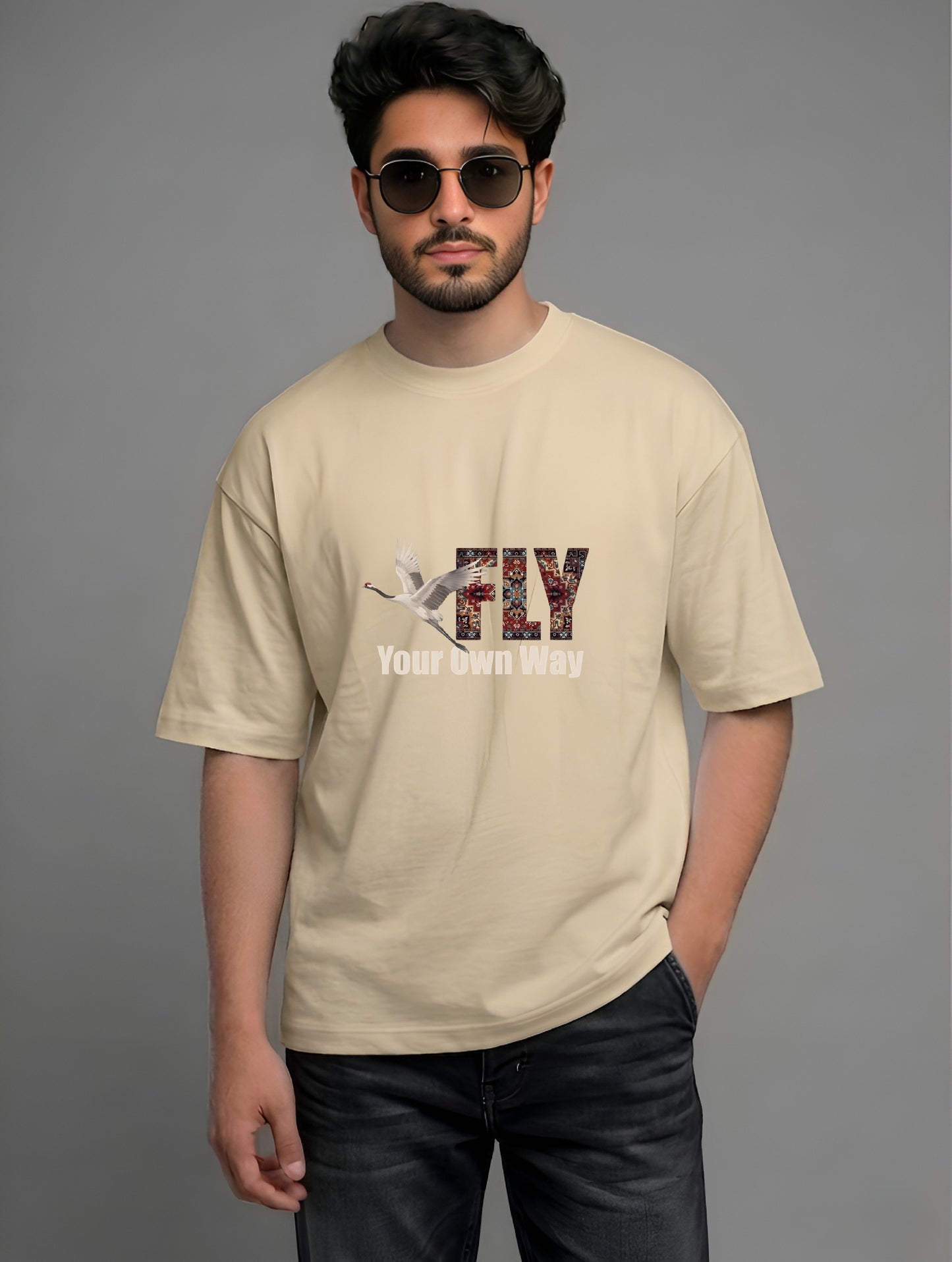 Evenway Fly Your Own Way Crane Print Graphic Oversized Tee