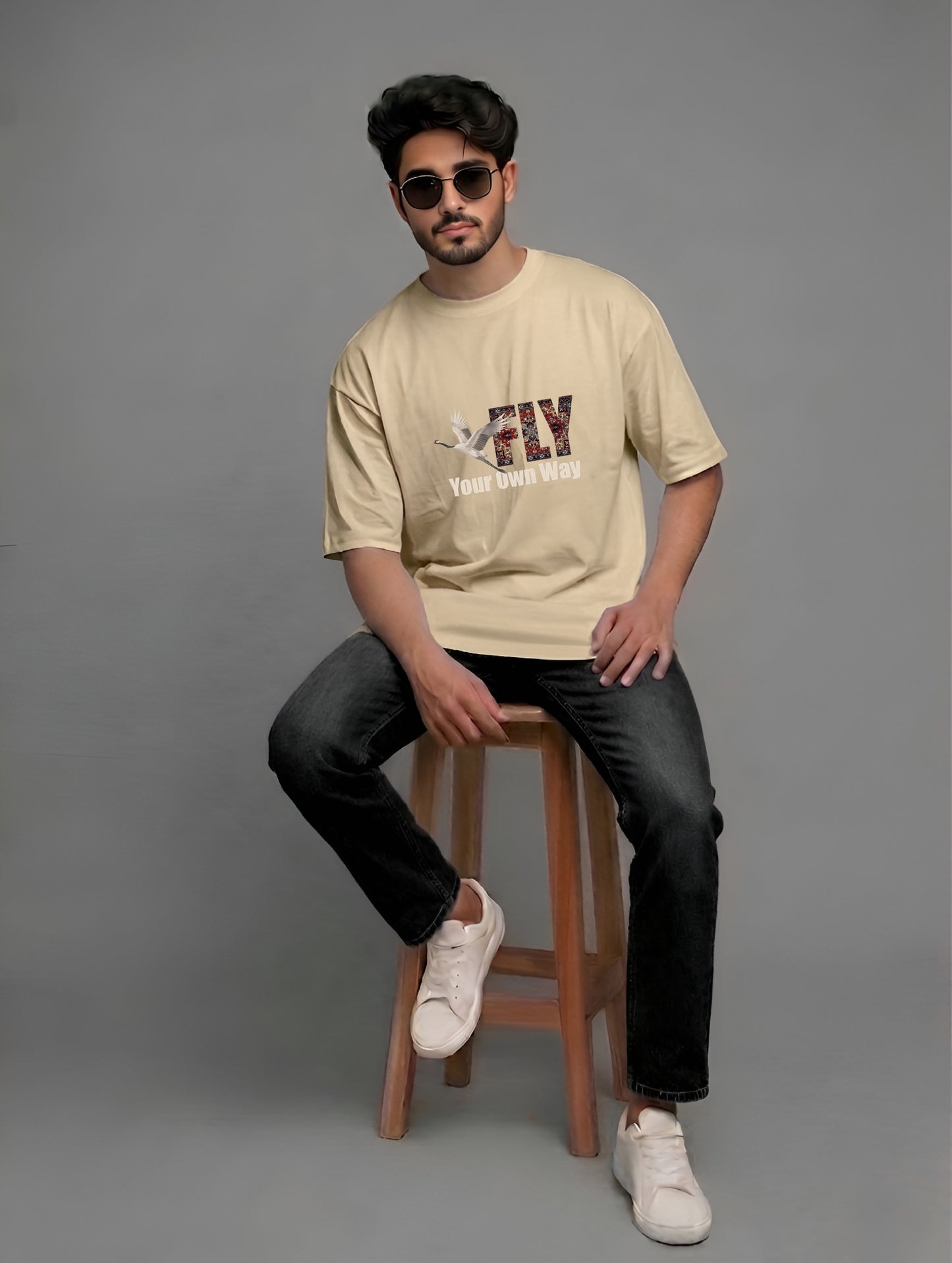 Evenway Fly Your Own Way Crane Print Graphic Oversized Tee