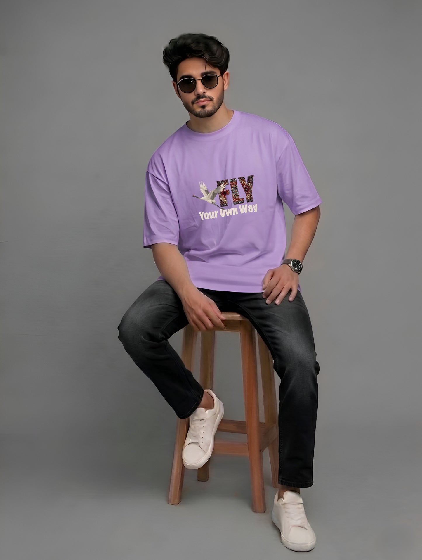 Evenway Fly Your Own Way Crane Print Graphic Oversized Tee