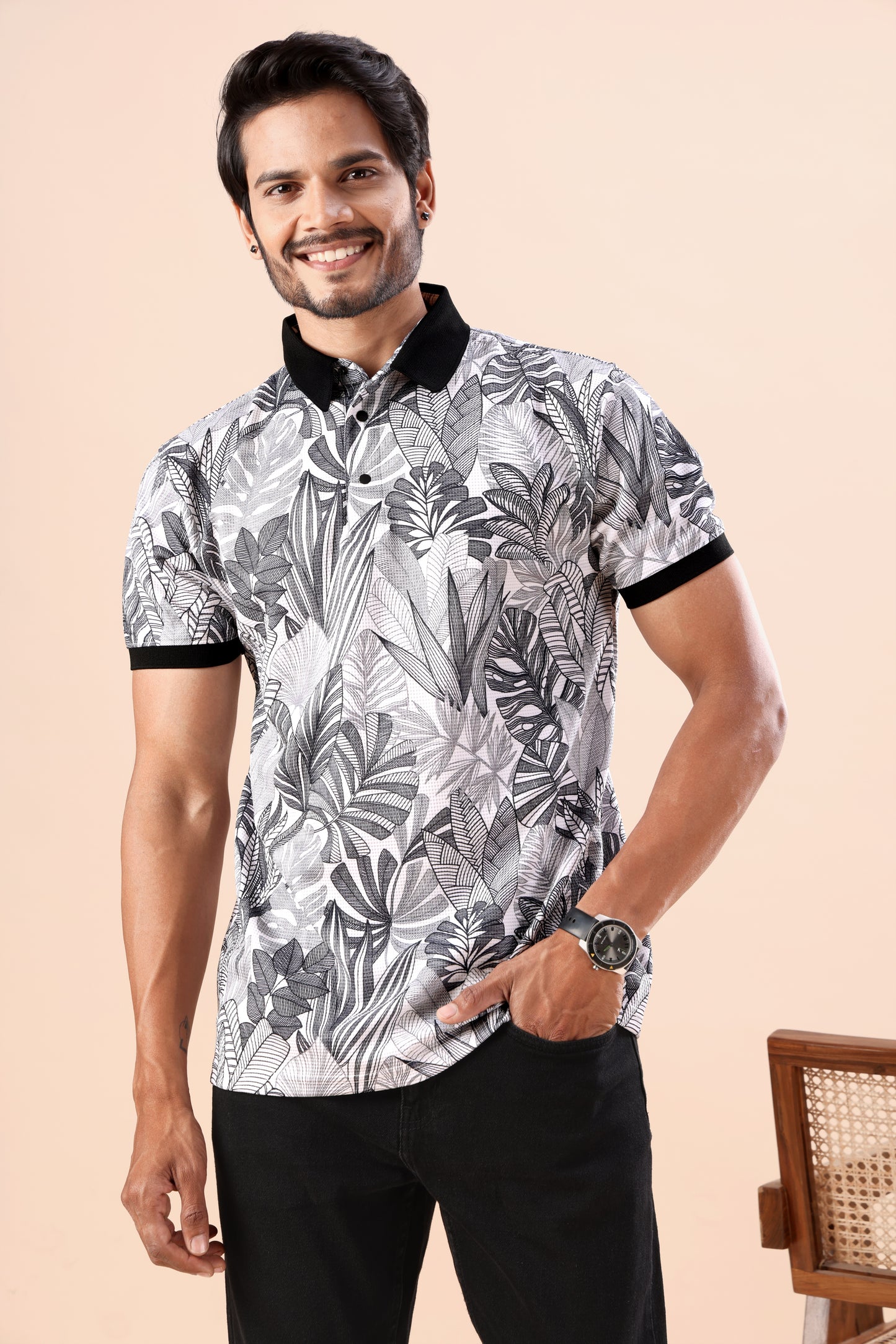 Evenway Men's Premium Black & White Tropical Leaf Polo Tee