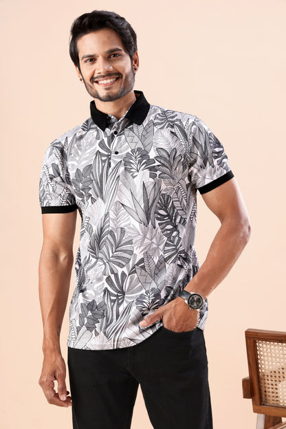 Evenway Men's Premium Black & White Tropical Leaf Polo Tee