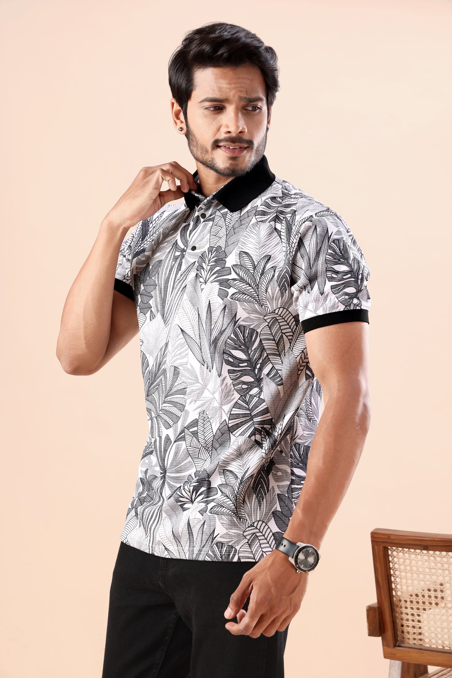 Evenway Men's Premium Black & White Tropical Leaf Polo Tee