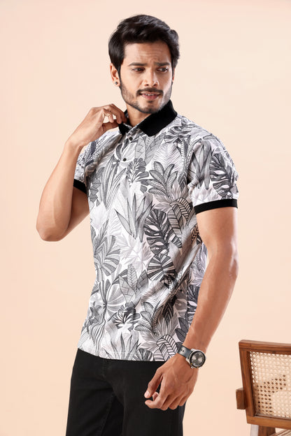 Evenway Men's Premium Black & White Tropical Leaf Polo Tee