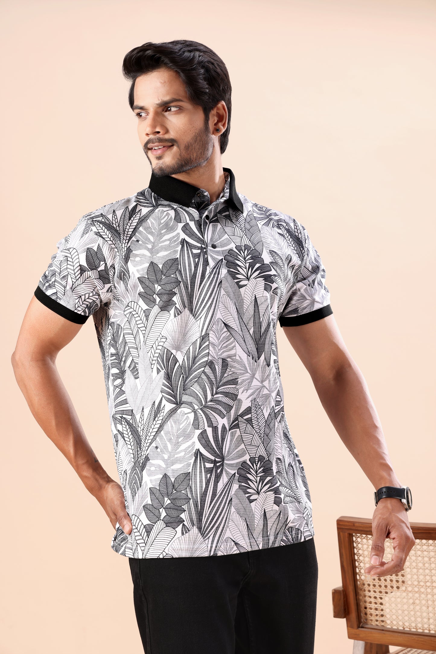 Evenway Men's Premium Black & White Tropical Leaf Polo Tee