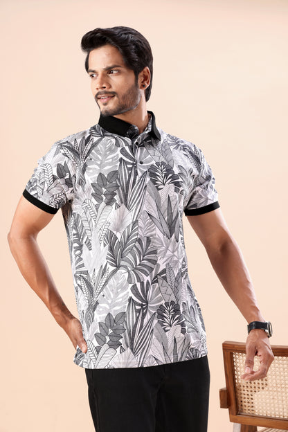Evenway Men's Premium Black & White Tropical Leaf Polo Tee