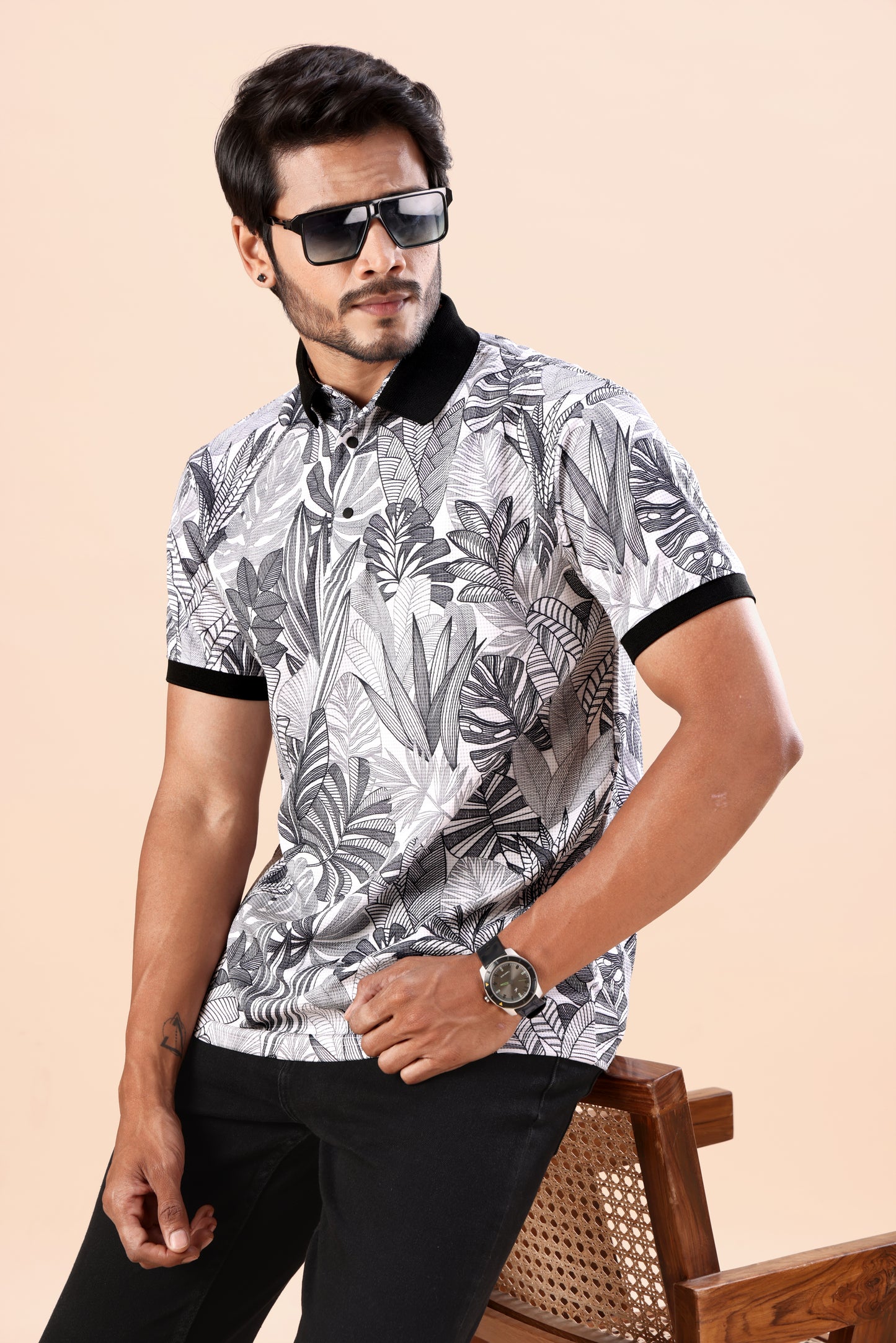 Evenway Men's Premium Black & White Tropical Leaf Polo Tee