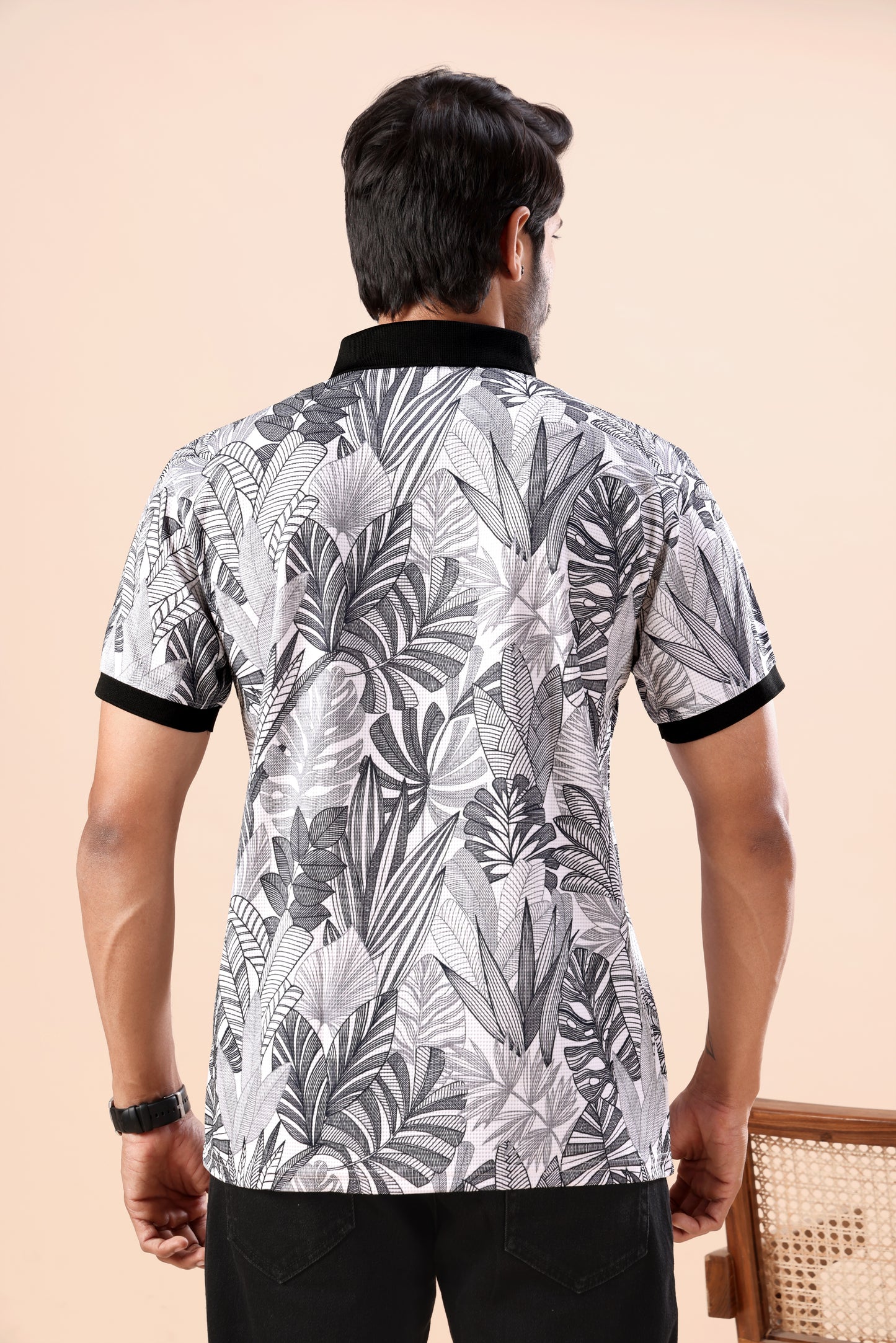 Evenway Men's Premium Black & White Tropical Leaf Polo Tee