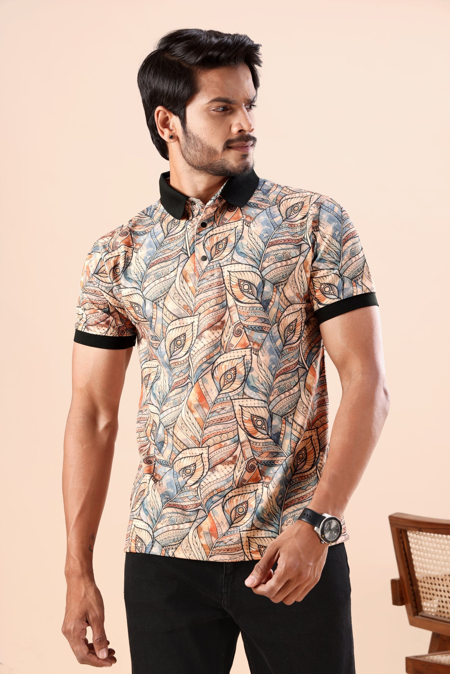 Evenway Men's Premium Abstract Leaf Printed Polo T-Shirt