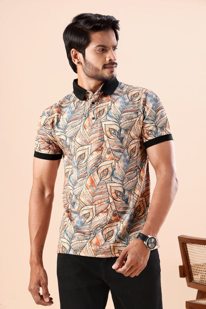 Evenway Men's Premium Abstract Leaf Printed Polo T-Shirt