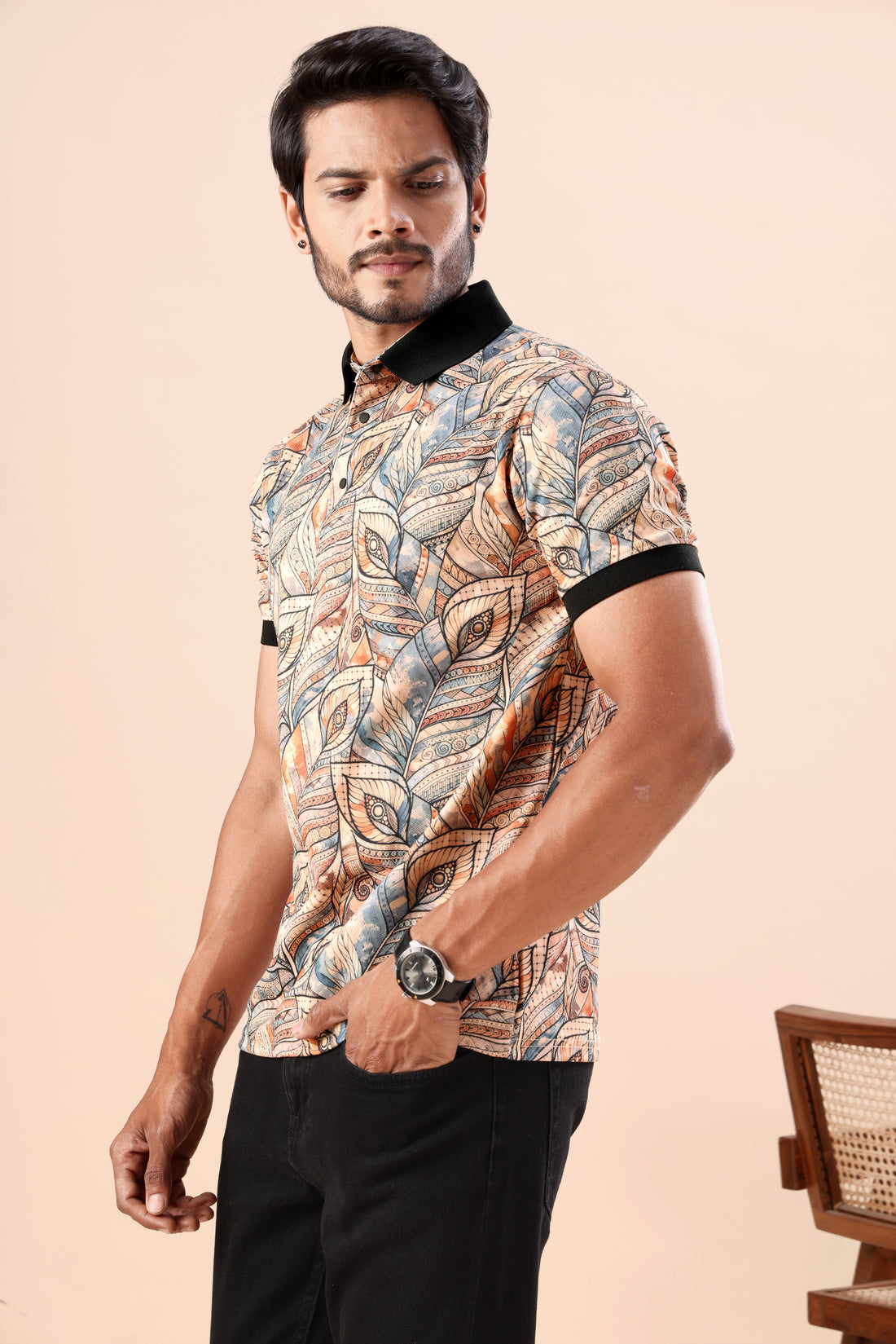 Evenway Men's Premium Abstract Leaf Printed Polo T-Shirt