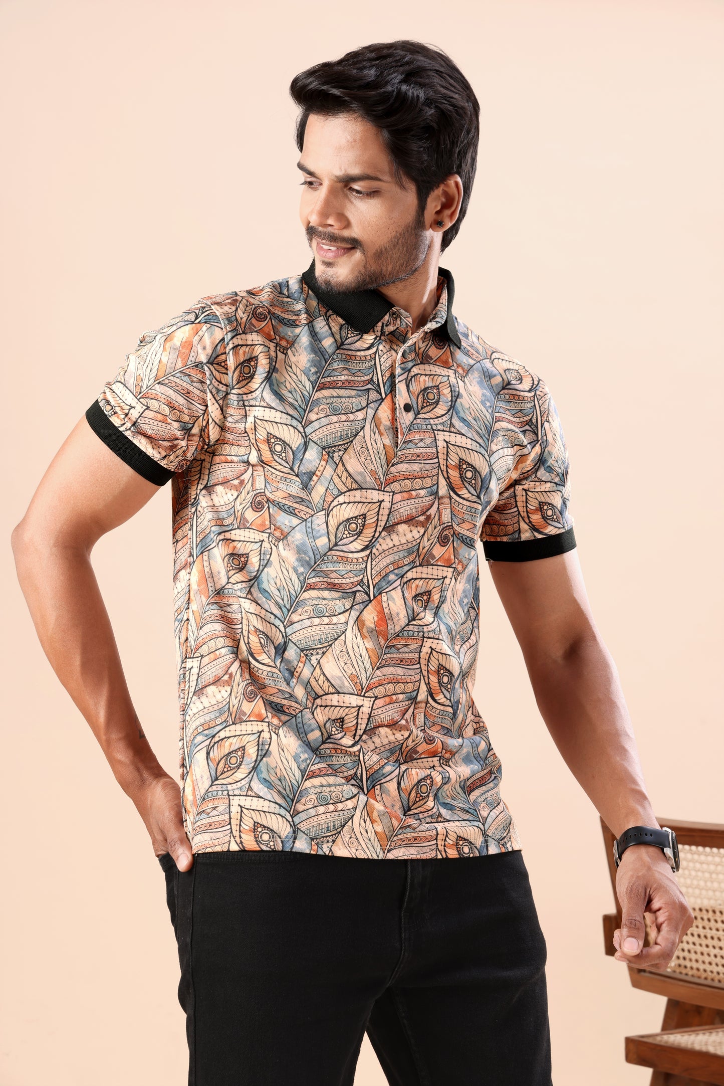 Evenway Men's Premium Abstract Leaf Printed Polo T-Shirt