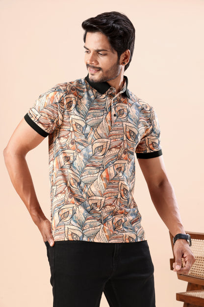 Evenway Men's Premium Abstract Leaf Printed Polo T-Shirt