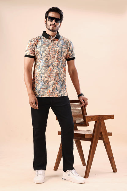 Evenway Men's Premium Abstract Leaf Printed Polo T-Shirt