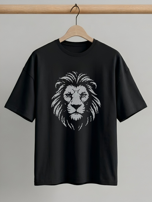 Evenway Crystal Lion Statement Black Oversized Tee | Luxury Embellished T-Shirt