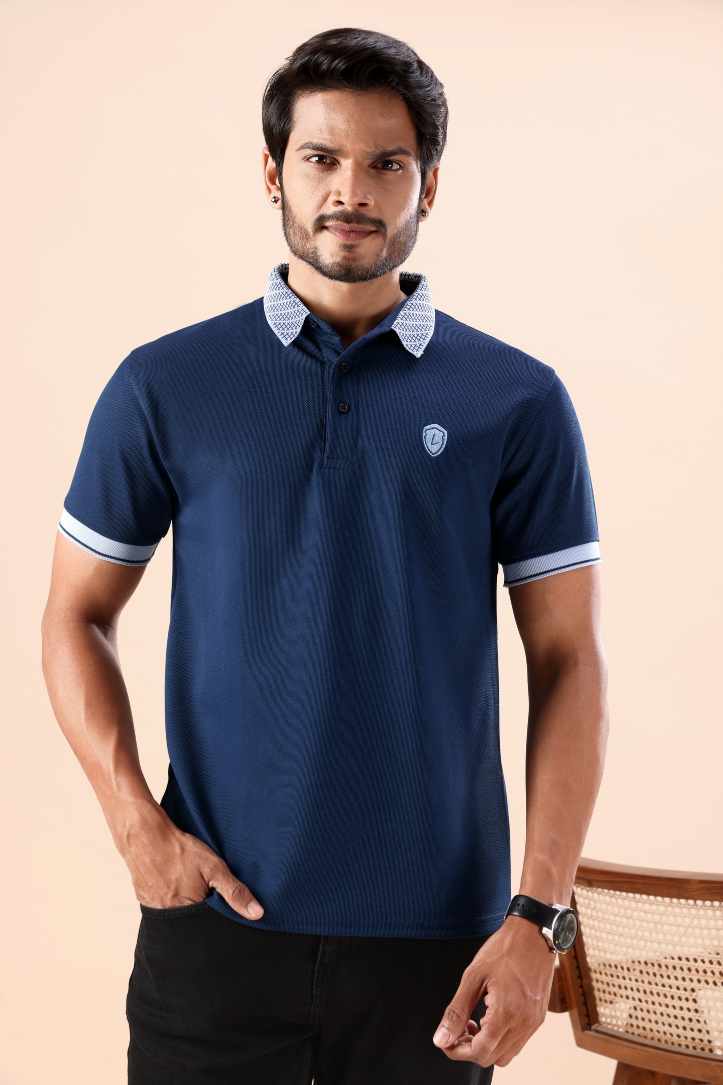 Evenway Men's Premium Navy Blue Polo with Contrast Collar
