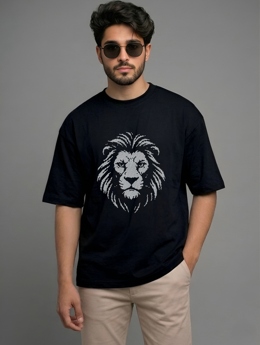 Evenway Crystal Lion Statement Black Oversized Tee | Luxury Embellished T-Shirt