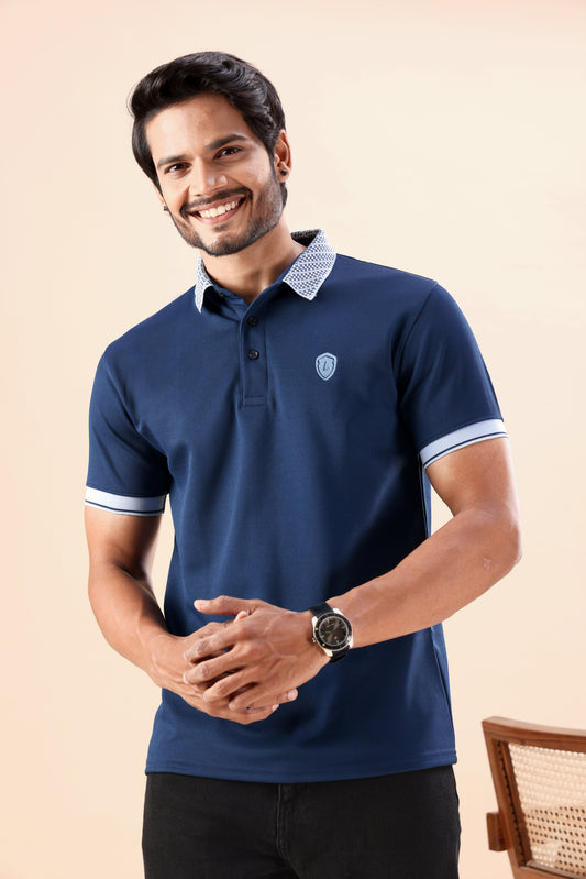 Evenway Men's Premium Navy Blue Polo with Contrast Collar