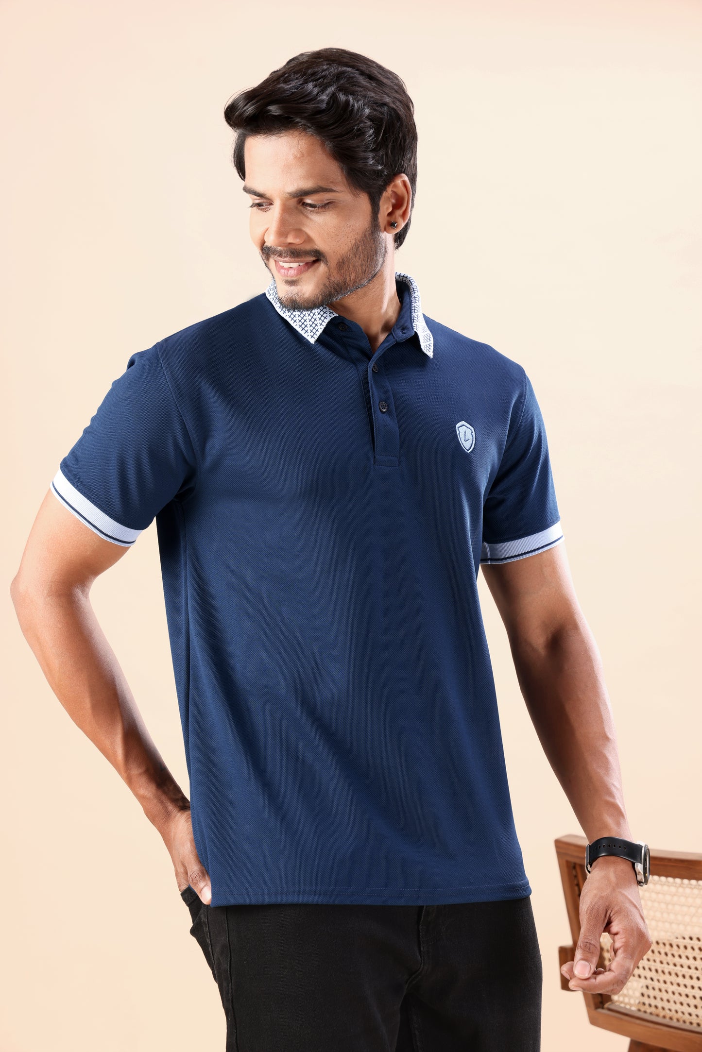 Evenway Men's Premium Navy Blue Polo with Contrast Collar