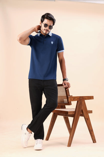 Evenway Men's Premium Navy Blue Polo with Contrast Collar