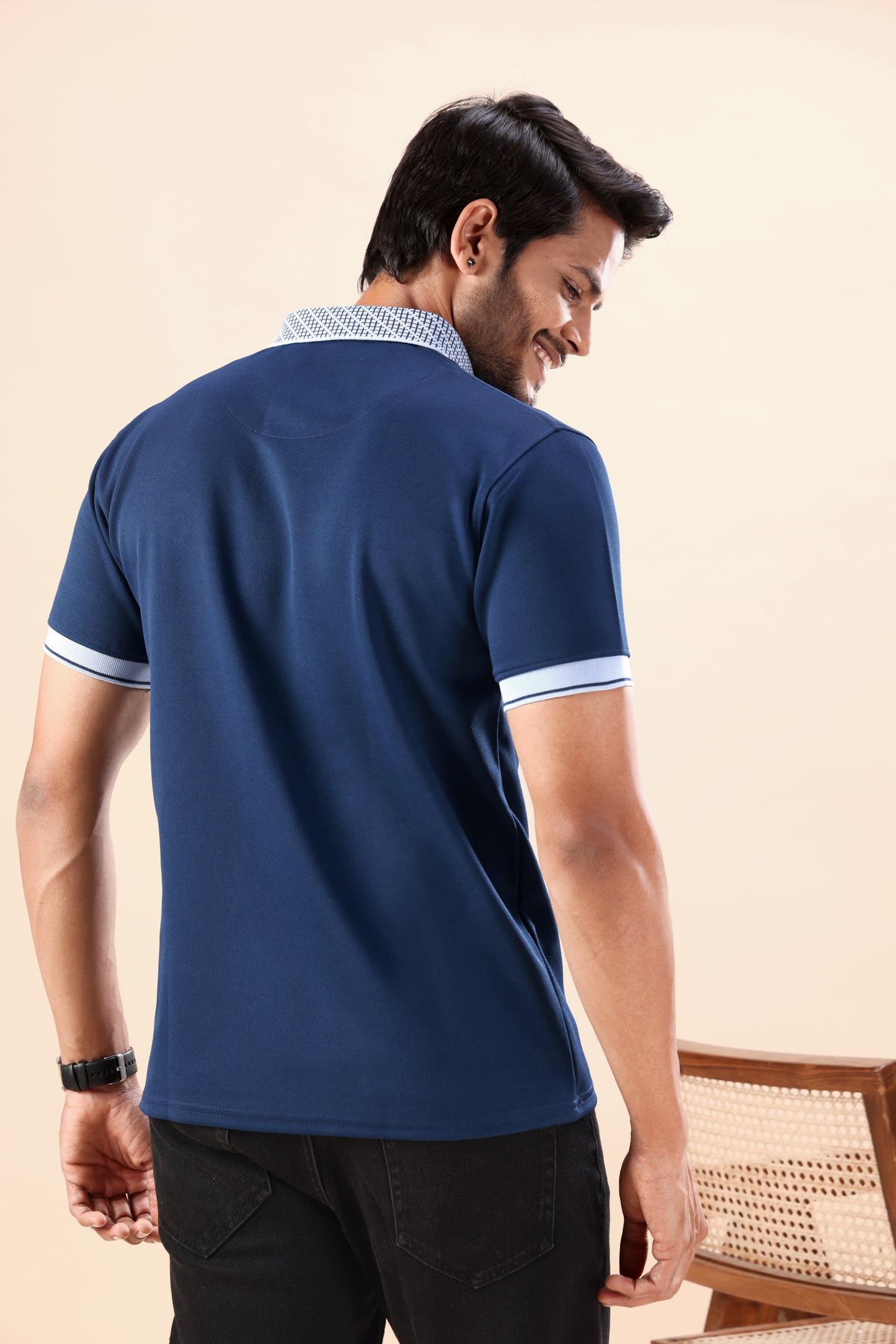 Evenway Men's Premium Navy Blue Polo with Contrast Collar