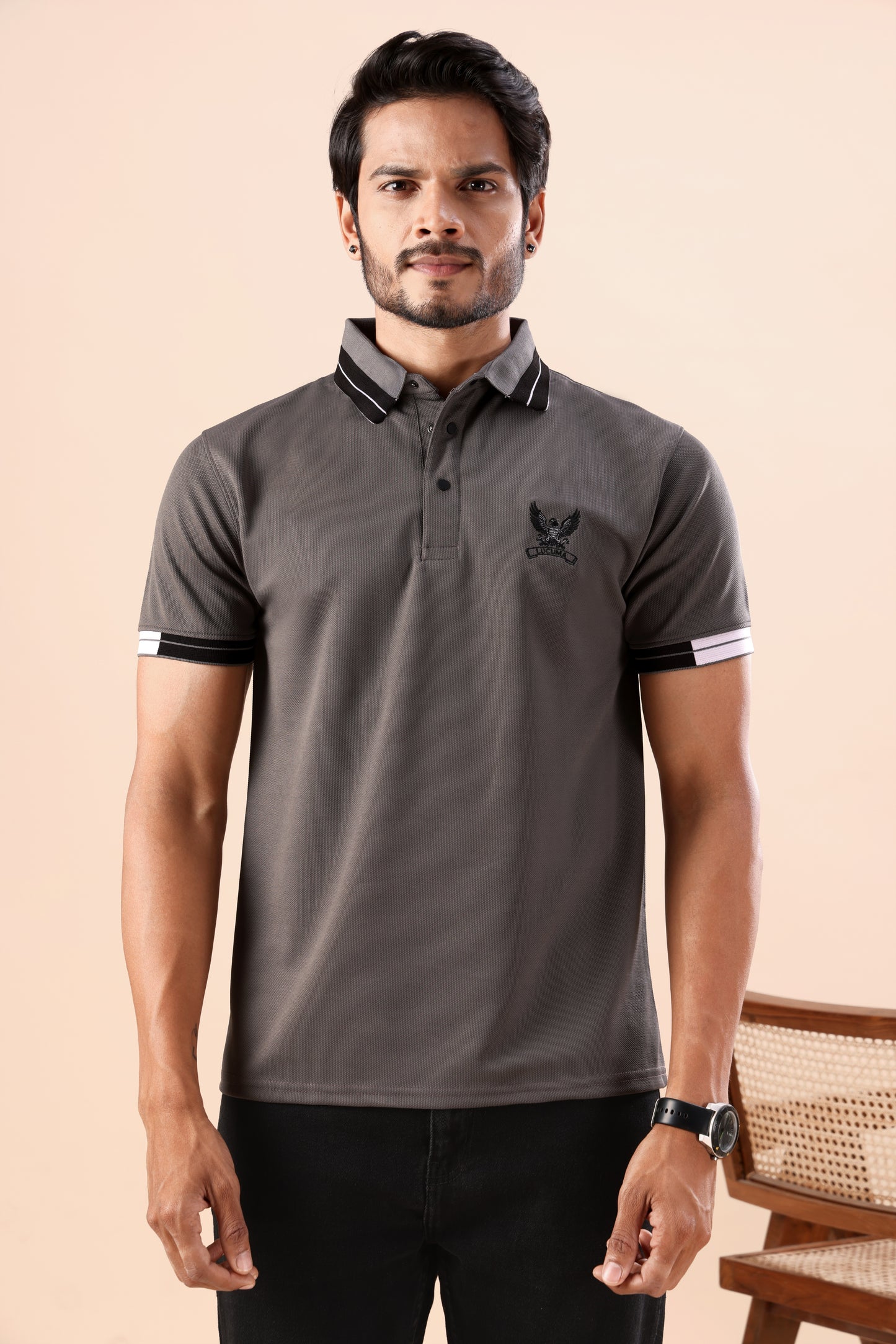 Evenway Men's Grey Textured Polo with Printed Collar