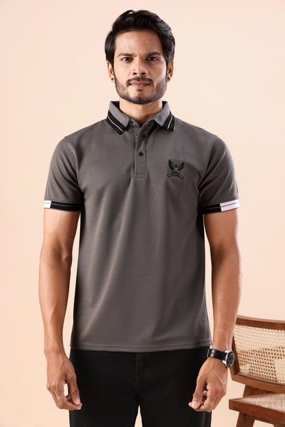 Evenway Men's Grey Textured Polo with Printed Collar