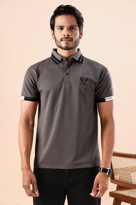 Evenway Men's Grey Textured Polo with Printed Collar
