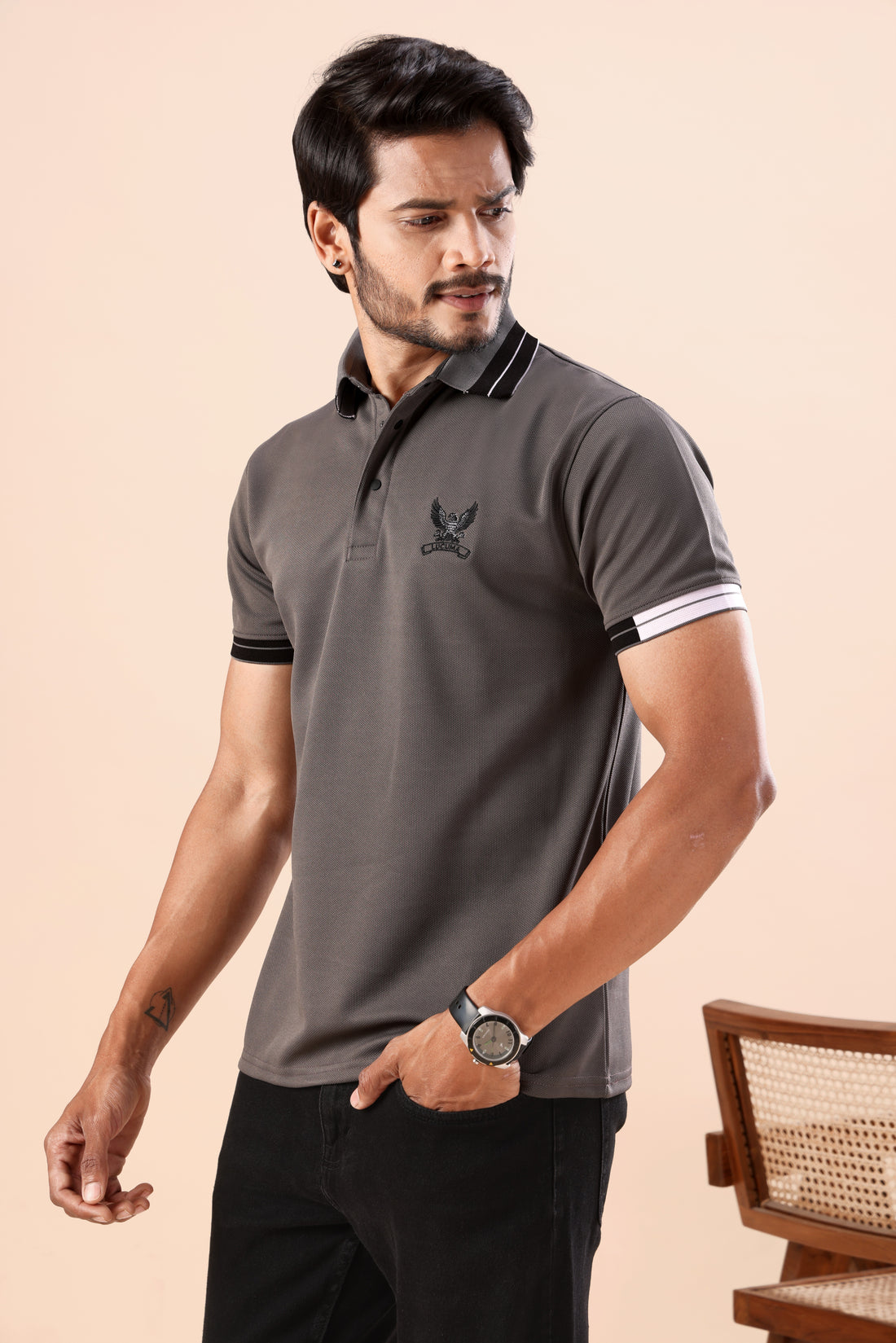 Evenway Men's Grey Textured Polo with Printed Collar