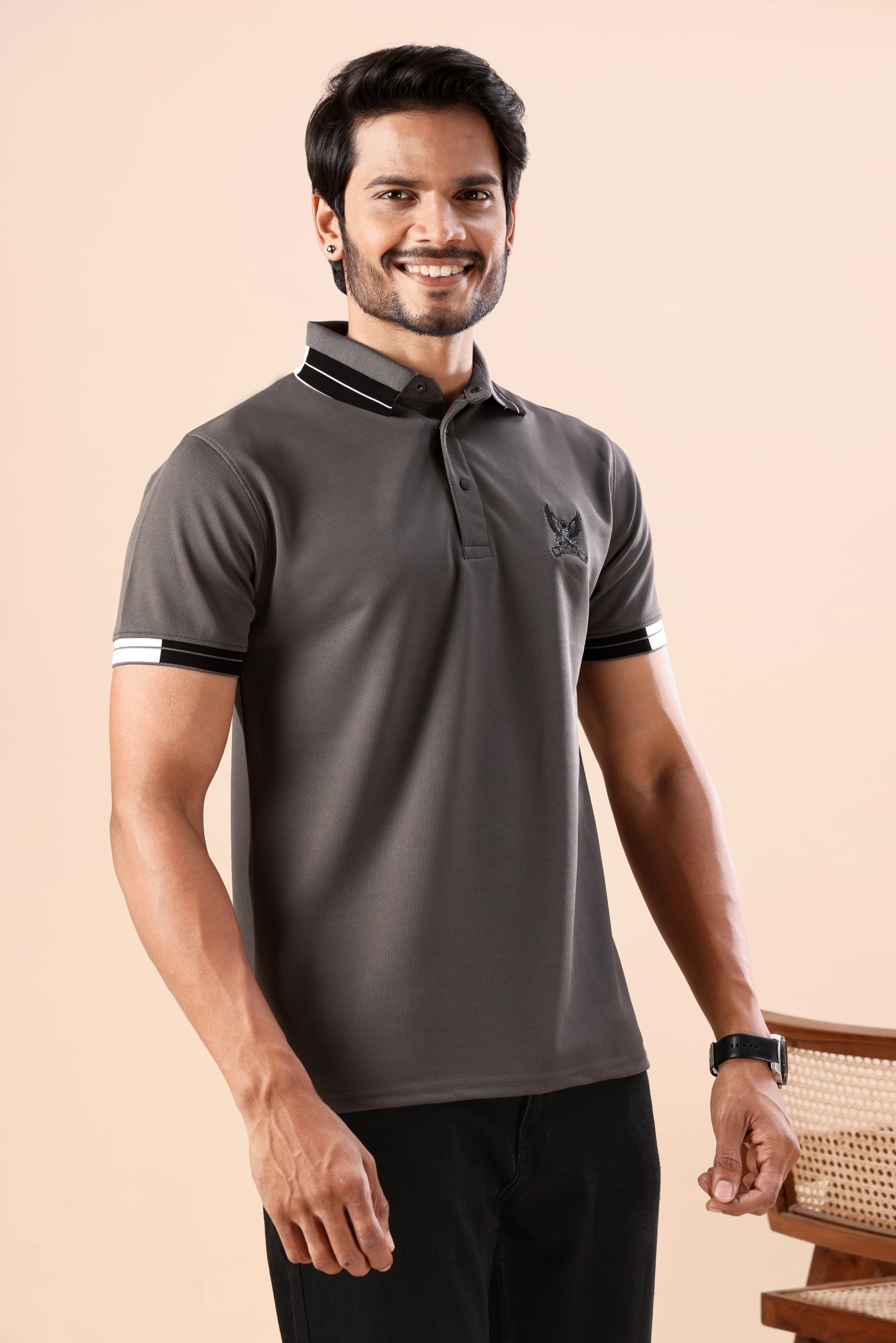 Evenway Men's Grey Textured Polo with Printed Collar