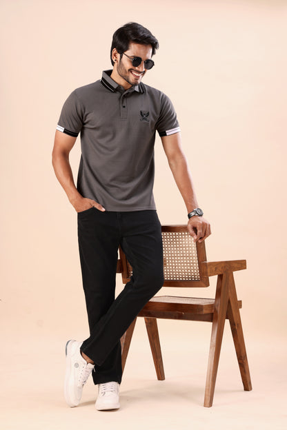 Evenway Men's Grey Textured Polo with Printed Collar