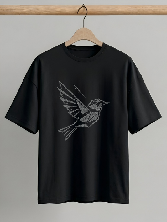 Evenway Geometric Flying Bird Graphic T-Shirt – Minimalist Dot Art Black Cotton Tee