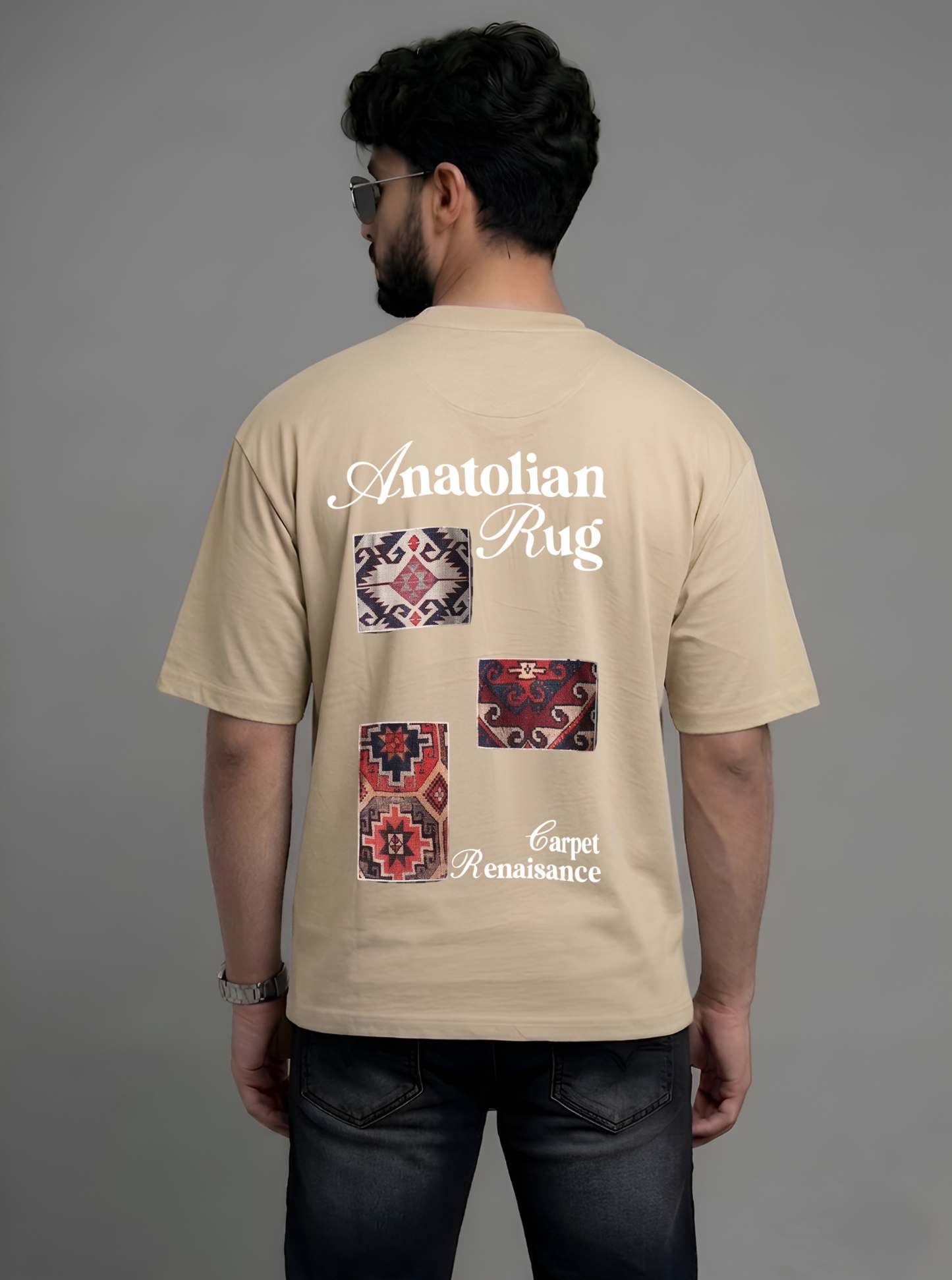 Evenway Anatolian Rug Beige Oversized Cultural Graphic Shirt