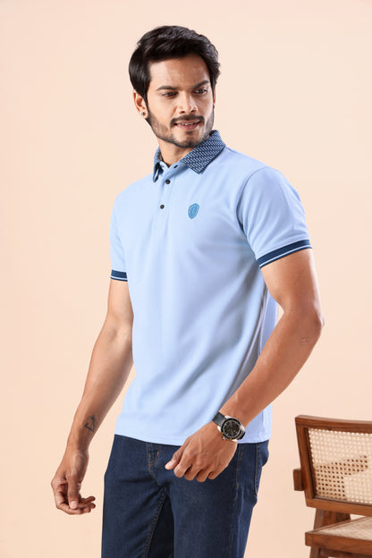 Evenway Men's Premium Sky Blue Polo with Contrast Collar