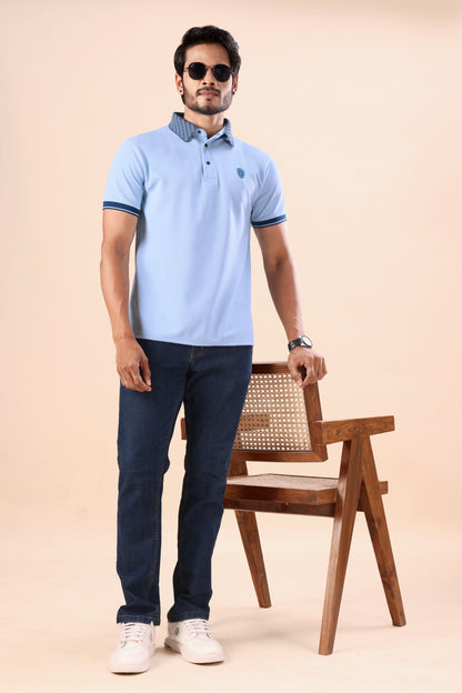 Evenway Men's Premium Sky Blue Polo with Contrast Collar