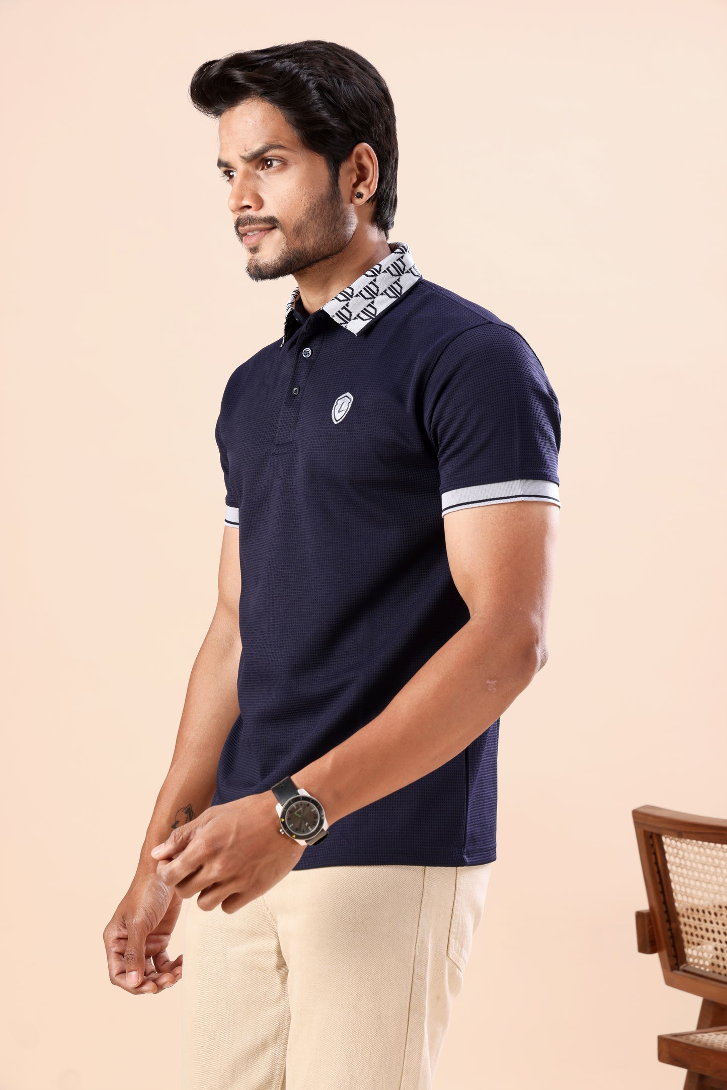 Evenway Men's Premium Navy Blue Textured Polo Printed Collar