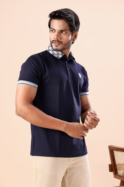Evenway Men's Premium Navy Blue Textured Polo Printed Collar