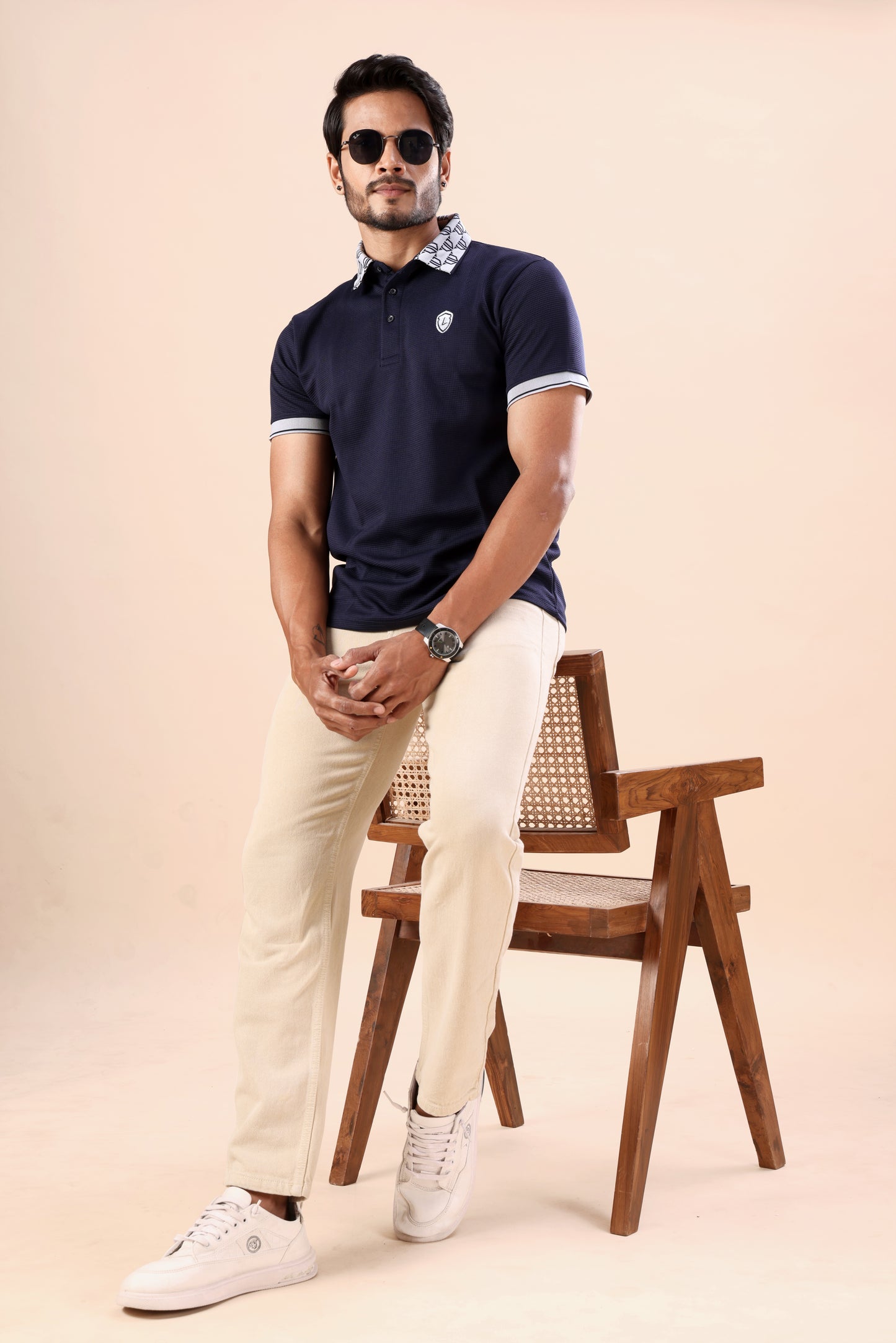 Evenway Men's Premium Navy Blue Textured Polo Printed Collar