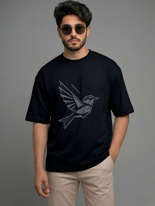 Evenway Geometric Flying Bird Graphic T-Shirt – Minimalist Dot Art Black Cotton Tee