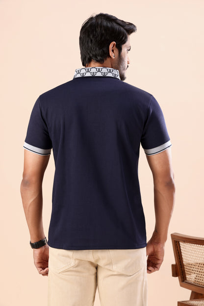 Evenway Men's Premium Navy Blue Textured Polo Printed Collar