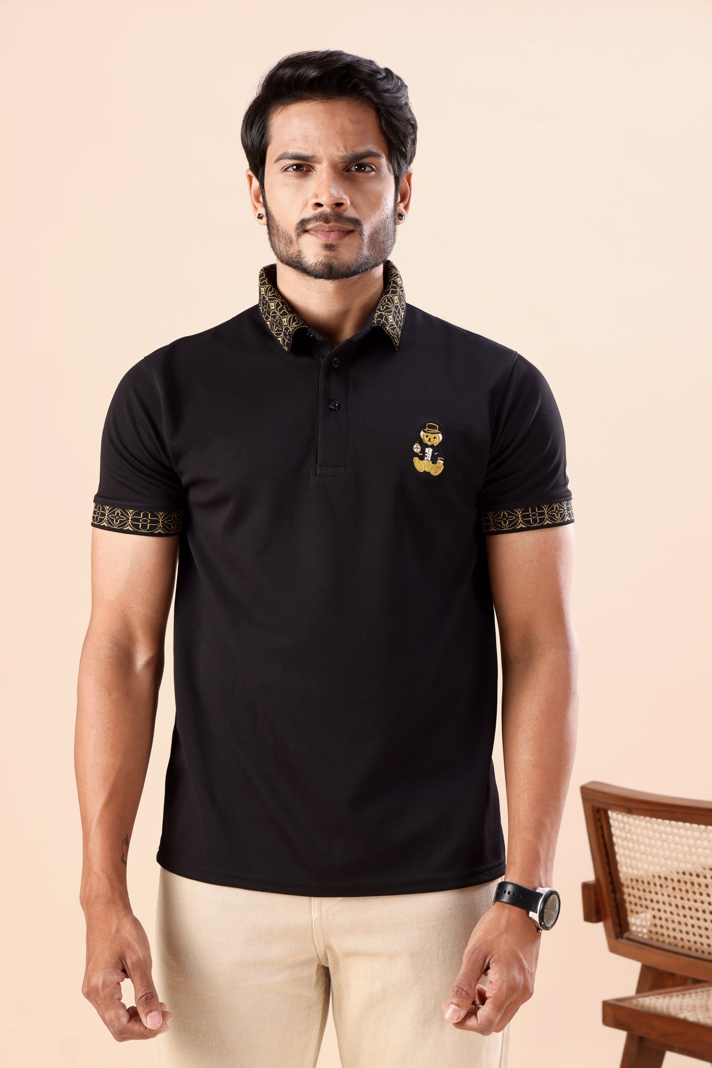 Evenway Men's Premium Black Polo with Gold Printed Collar