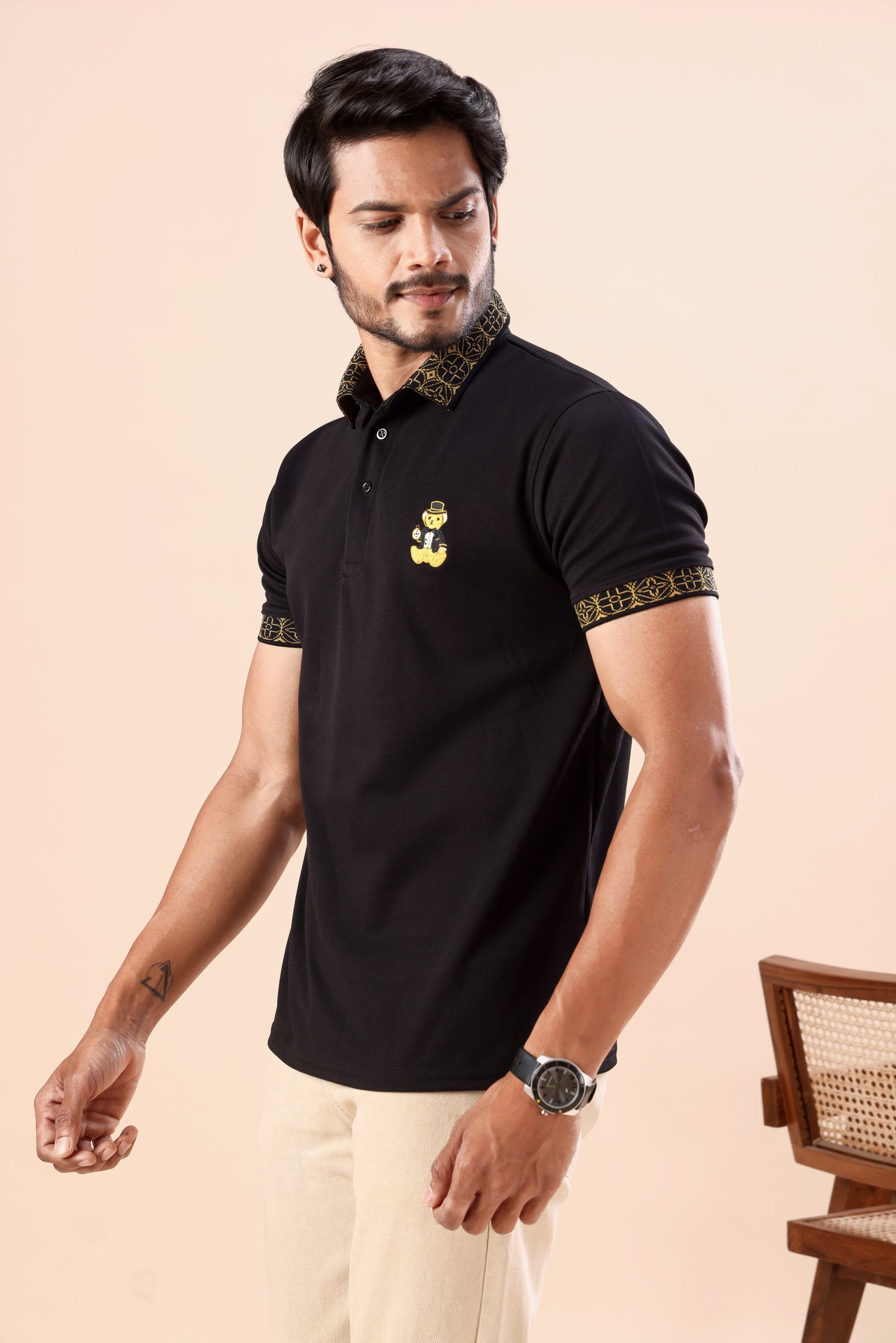 Evenway Men's Premium Black Polo with Gold Printed Collar