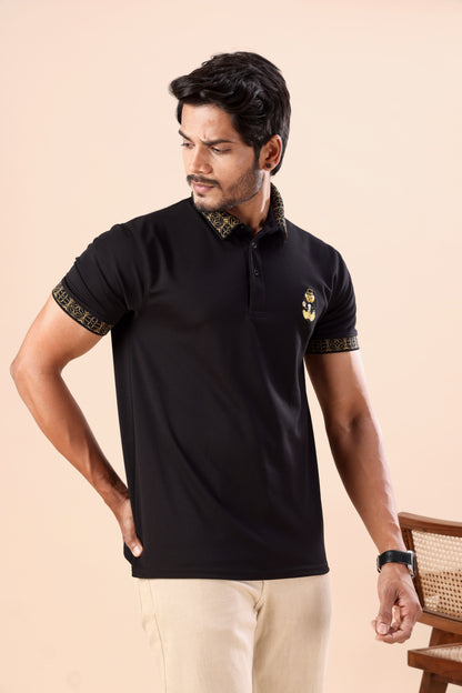 Evenway Men's Premium Black Polo with Gold Printed Collar