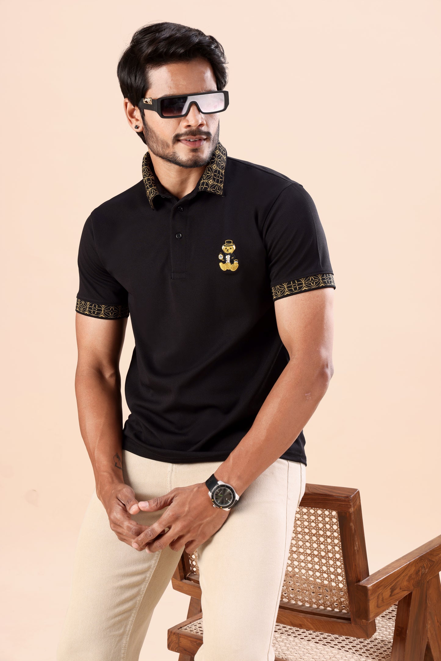 Evenway Men's Premium Black Polo with Gold Printed Collar