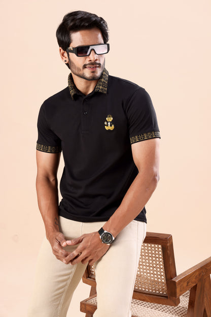 Evenway Men's Premium Black Polo with Gold Printed Collar